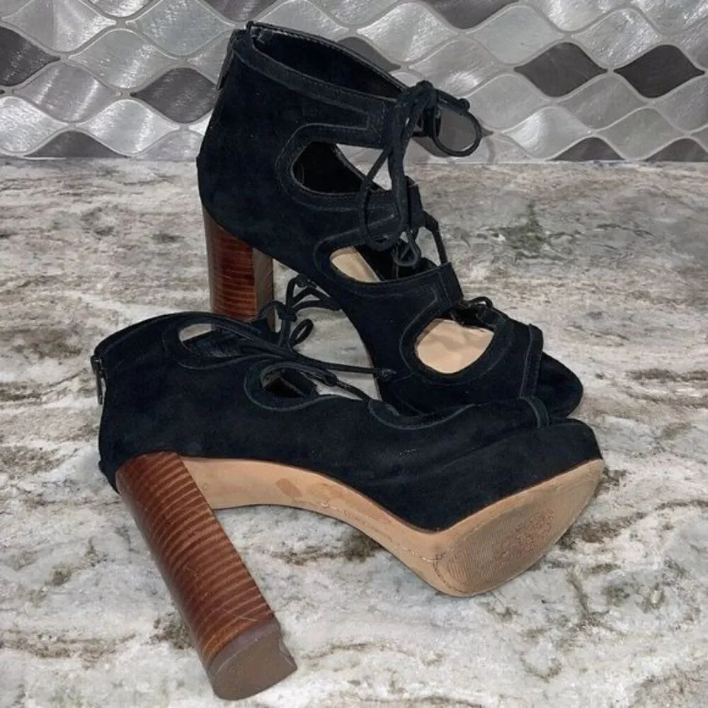 Vince Camuto Women Black Suede Lace-up Hight Block Heels Size 8